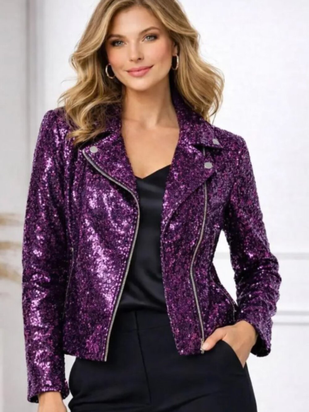 NWT Colleen Lopez Sequin Asymmetrical Zip Moto Jacket in Purple Size M